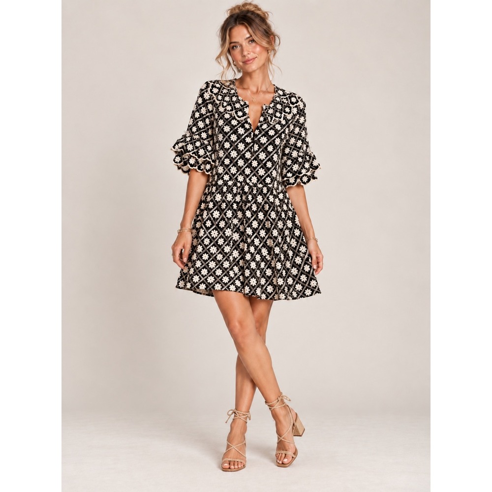 NWT Storia Black Cream Floral Embroidered Ruffle Sleeve Babydoll Mini Dress L